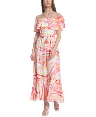 Women's Printed Tie-Front Off-The-Shoulder Ruffled Maxi Dress by DONNA MORGAN