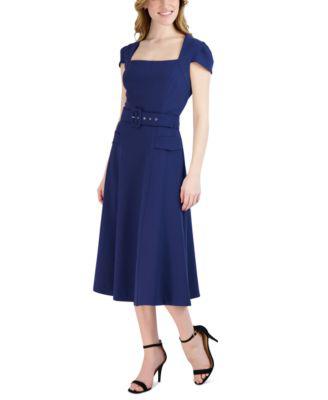 Women's Belted Cap-Sleeve Square-Neck Dress by DONNA RICCO