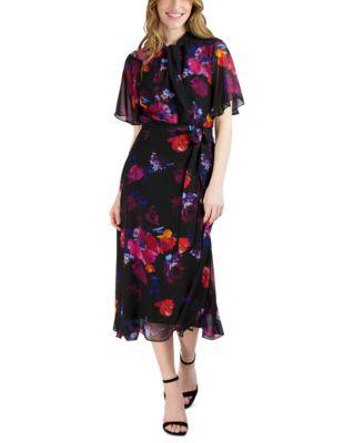 Women's Floral-Print Belted Flutter-Sleeve Dress by DONNA RICCO