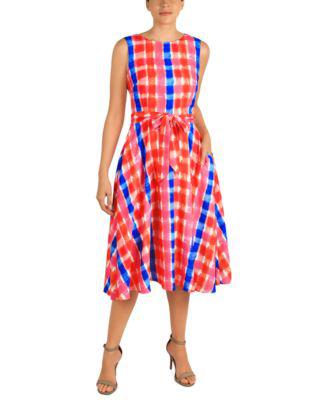 Women's Printed Tie-Waist Fit & Flare Dress by DONNA RICCO