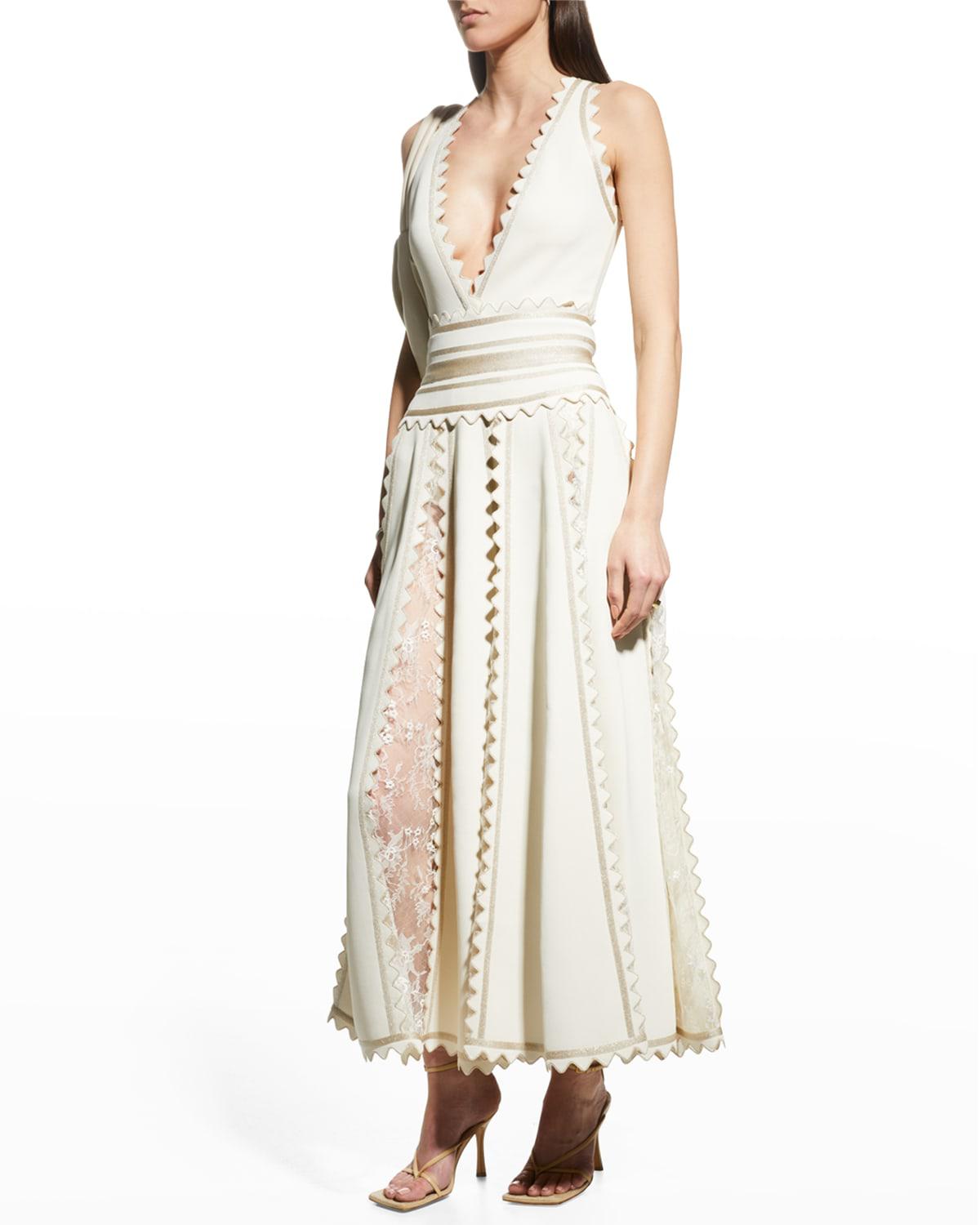 Lace-Insert Scalloped Metallic Knit Maxi Skirt by ELIE SAAB