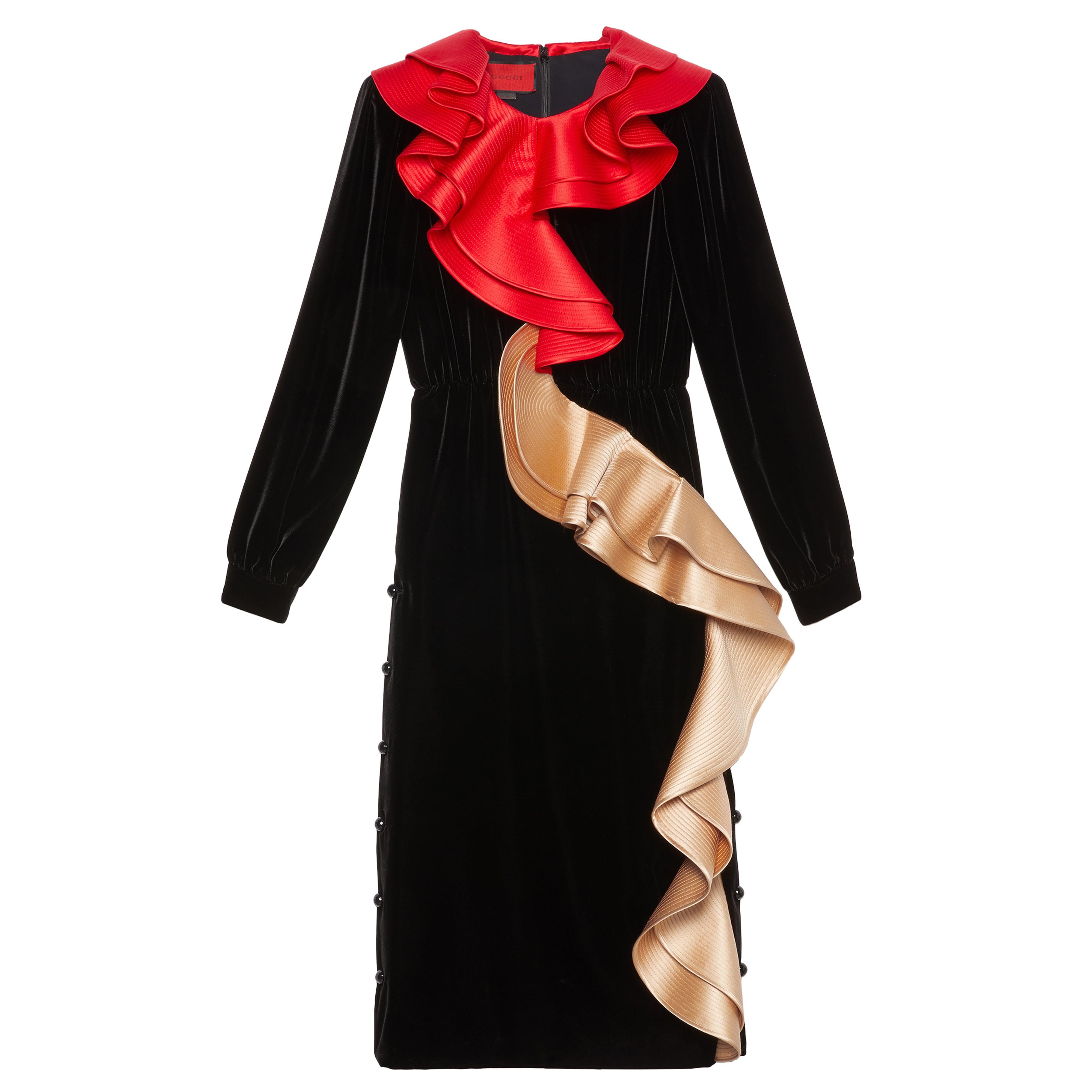 Gucci Women's DSM Exclusive Velvet Satin Midi Dress (Black/Red) by GUCCI