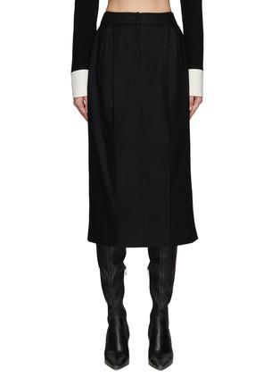 ‘Mary’ Side Slit Creased Wool Blend Tailored Midi Skirt by KIMHEKIM