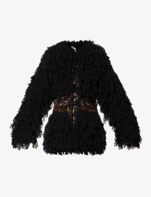 Yeti fringe wool-blend coat by KNWLS