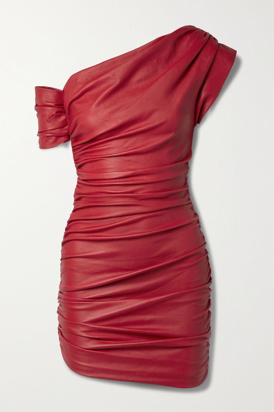 One-shoulder ruched leather mini dress by LAQUAN SMITH