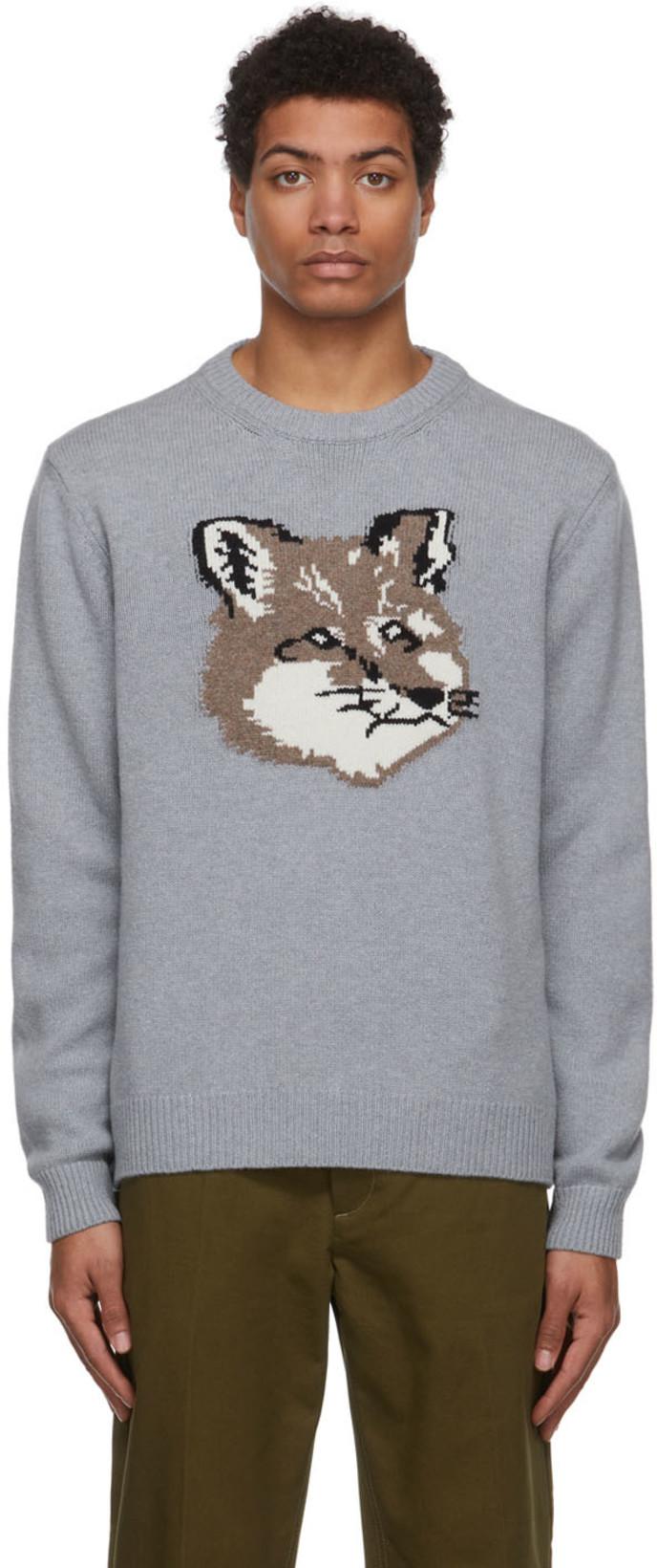 Grey Big Fox Head Sweater by MAISON 