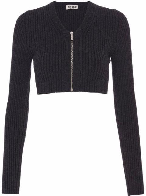 ribbed knit zip-front cashmere cardigan 