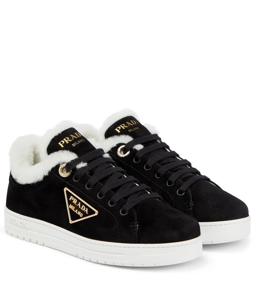 Prada Black Shearling Trimmed Suede Sneakers Regular (M, B) by PRADA |  jellibeans