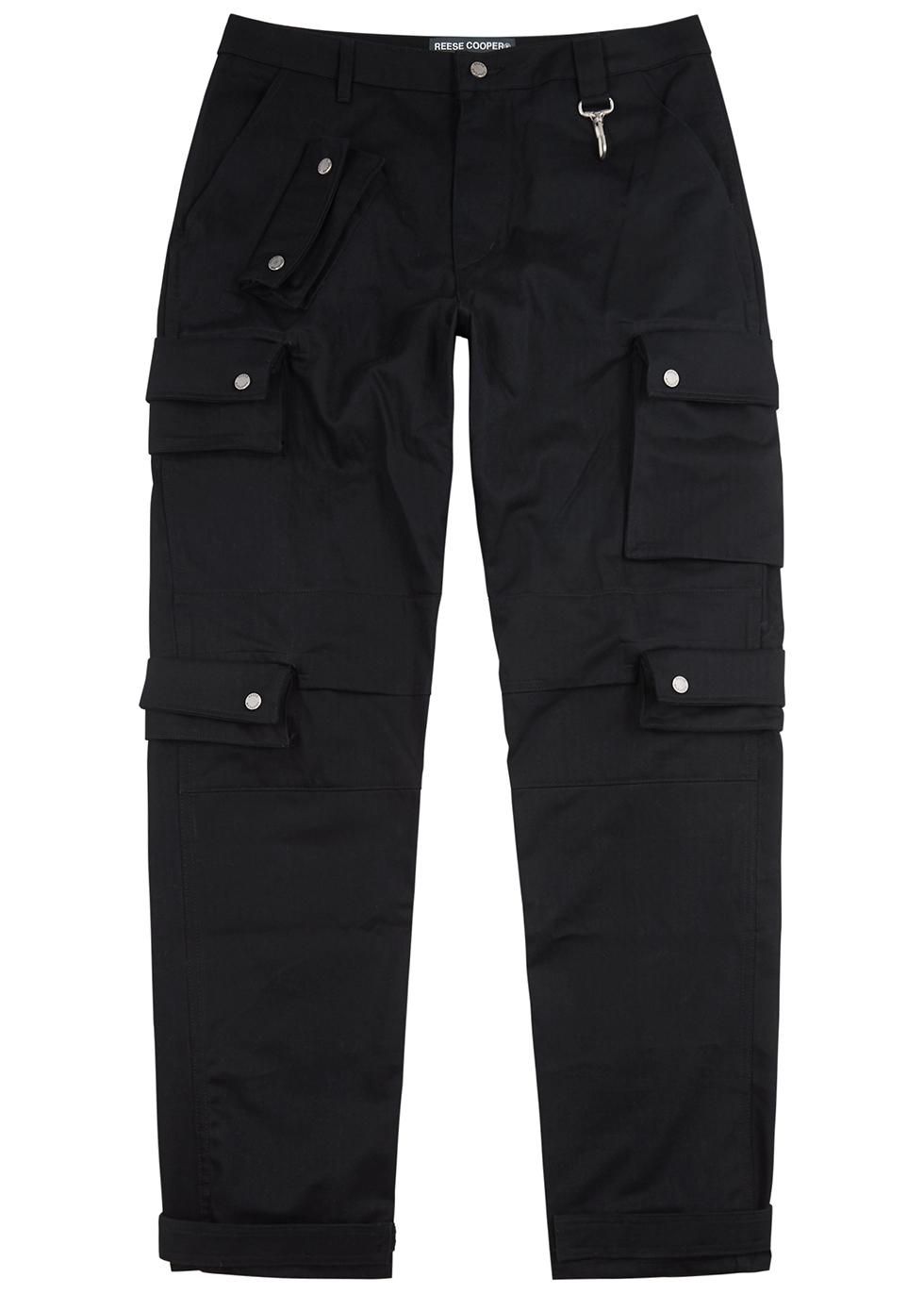 Black herringbone cotton cargo trousers by REESE COOPER