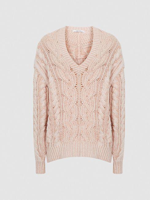 Pink Esme Cable Knit V-Neck Jumper by REISS