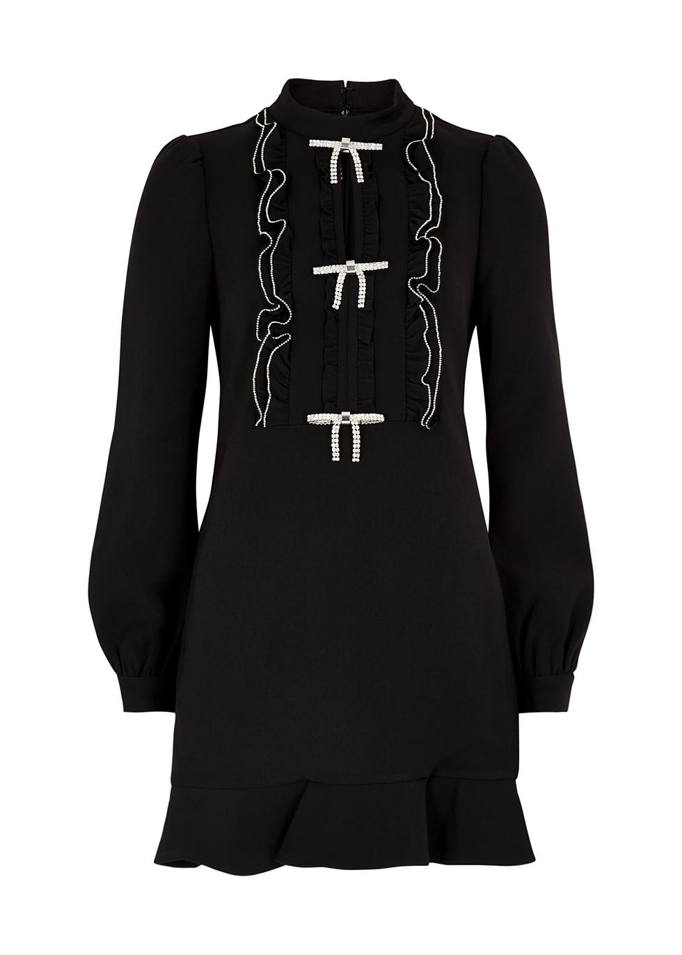 Black bow-embellished ruffled mini dress by SELF-PORTRAIT