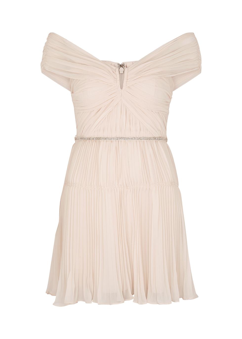 Cream plissé chiffon mini dress by SELF-PORTRAIT