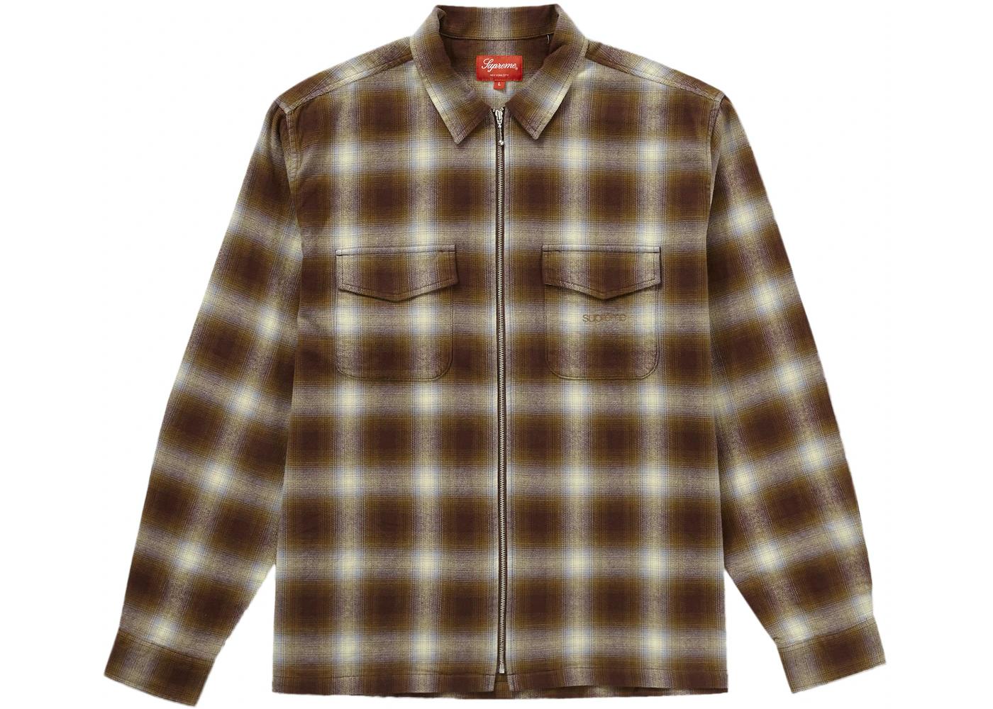 Shadow Plaid Flannel Zip Up Shirt Brown