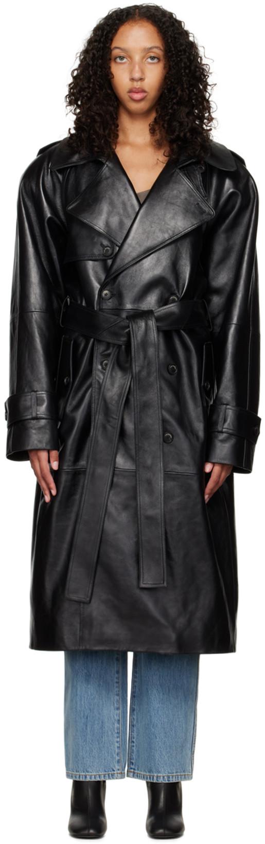Black Soria Leather Trench Jacket by THE MANNEI