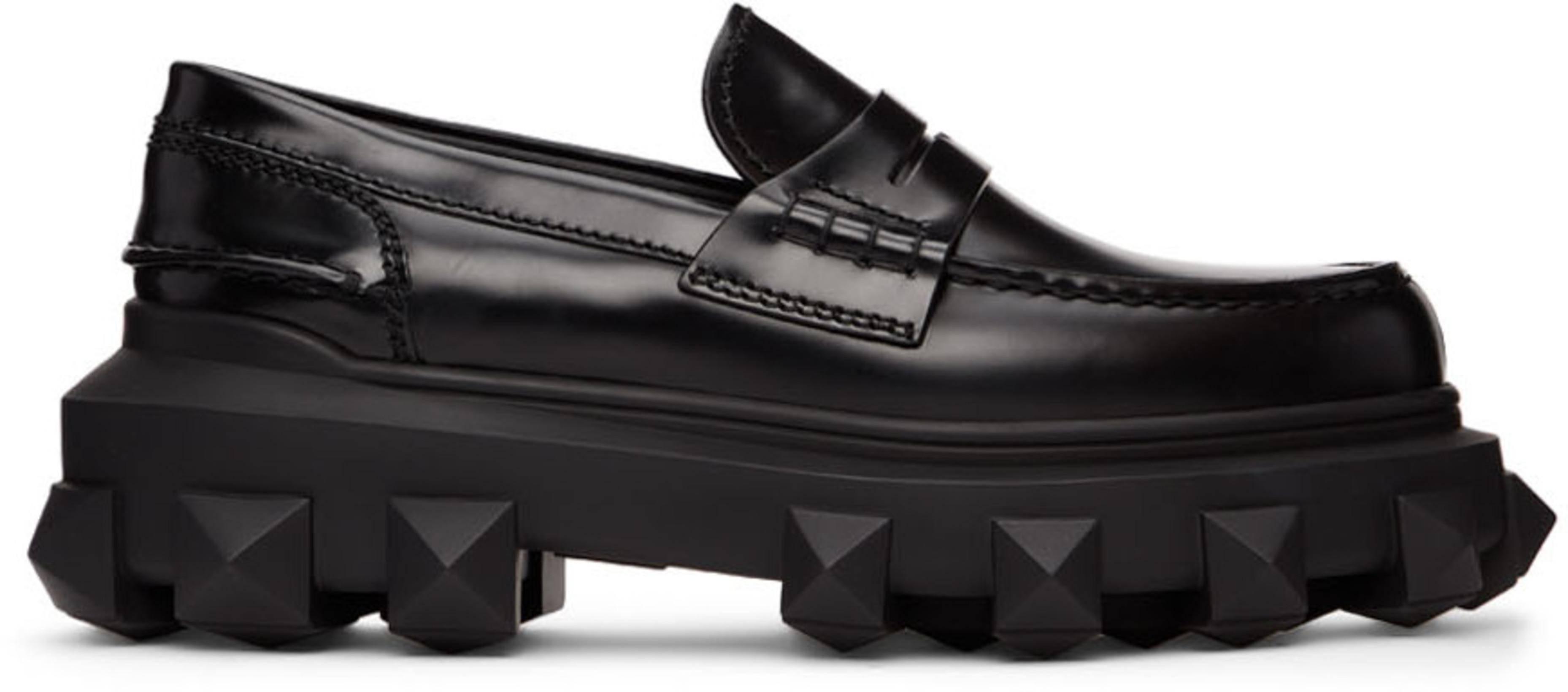 Black Brushed Calfskin Trackstud Loafers by VALENTINO